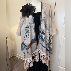 Vintage Alberto Makali macrame cotton fringe ruana with metallic trim 40”X32”